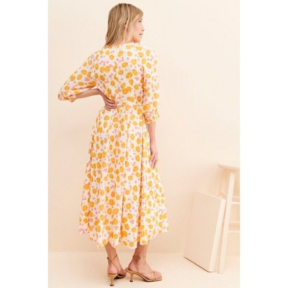 Keepsake Dissolve Midi Dress Yellow Ivory M Grandmacore Floral Flowy Feminine - Picture 2 of 11